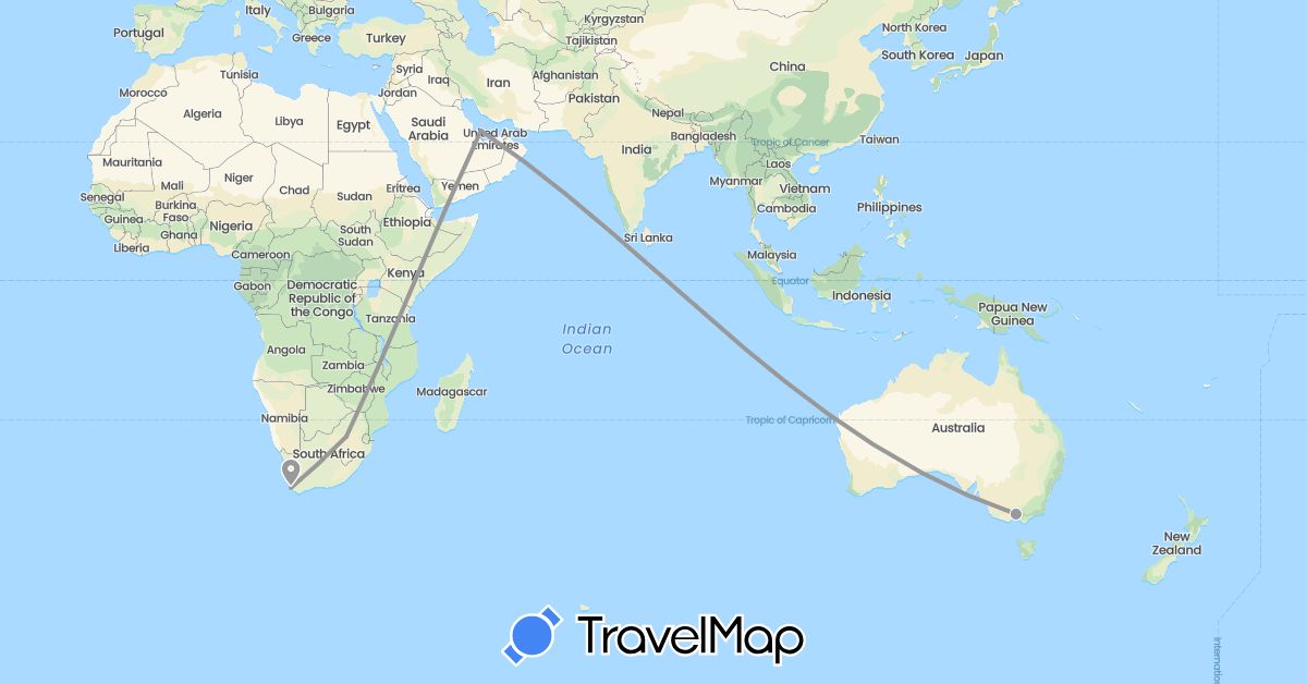 TravelMap itinerary: driving, plane in Australia, Qatar, South Africa (Africa, Asia, Oceania)